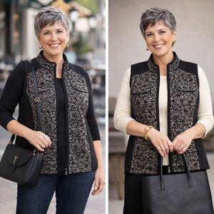 CJ Banks 1X Black & Beige Abstract Zip Front Stretch Vest Career Casual NWT